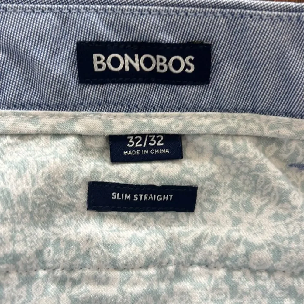 Bonobos Slim Straight Men's Pants White Blue Dots Career Casual Business 32 X 32